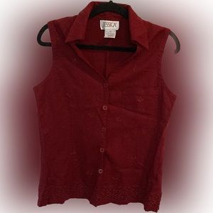 JESSICA💫 Women’s Burgundy Linen Embroidered Button-Up Collar Tank Top